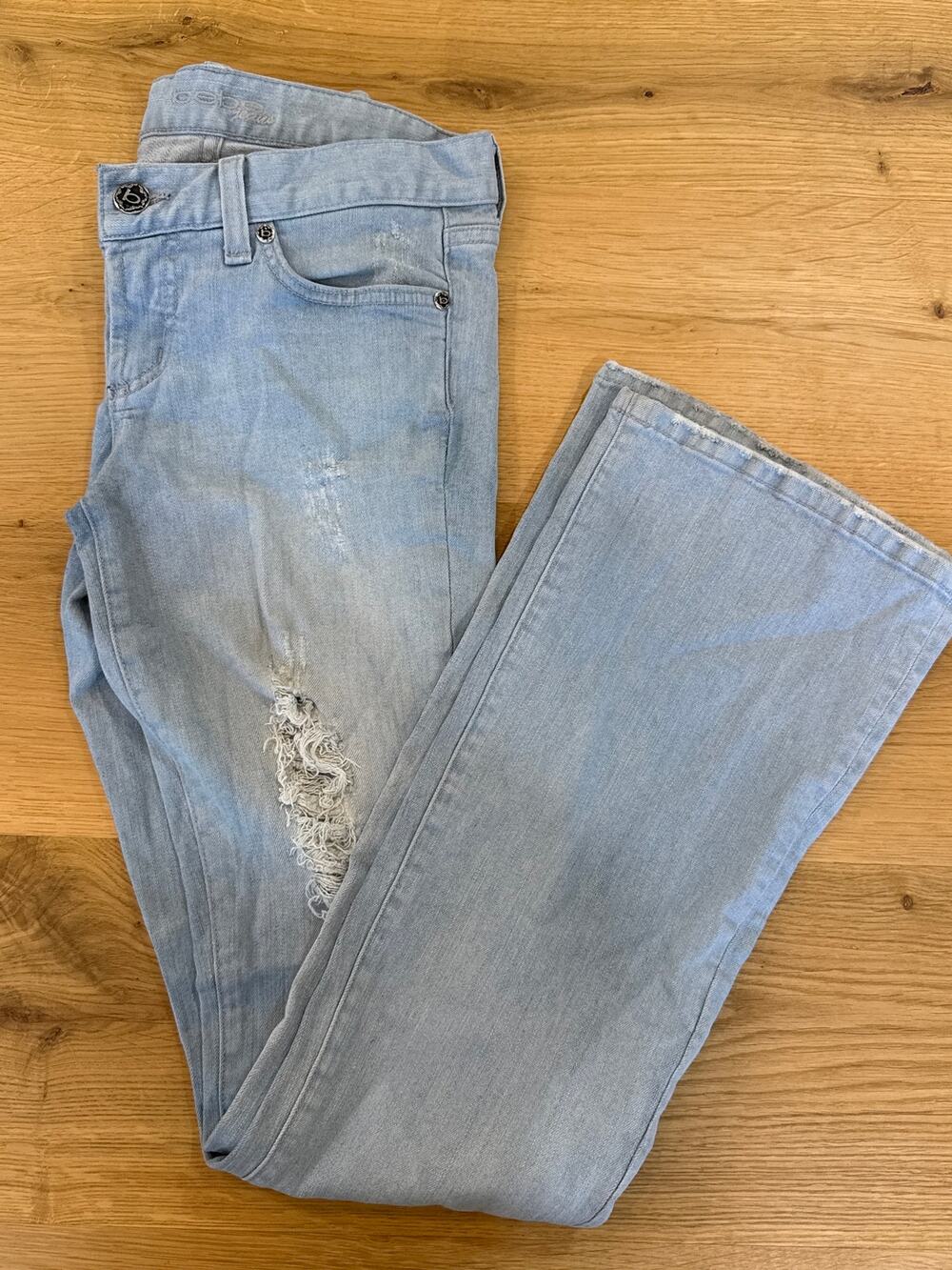Y2K Vintage Bebe Rhinestone Butterfly Flare Jeans Light Wash Distressed USA⁠ 26